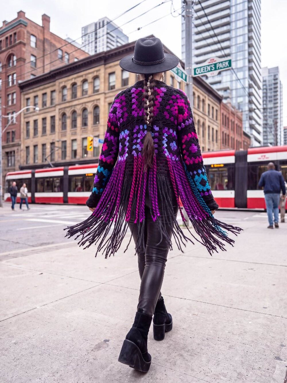 Boho Black Colorful Granny Square Super Fringe Sweater Large